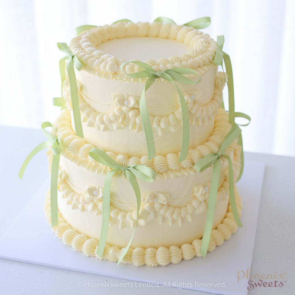A two-tiered vintage ribbon butter cream cake with green ribbons and floral decorations.