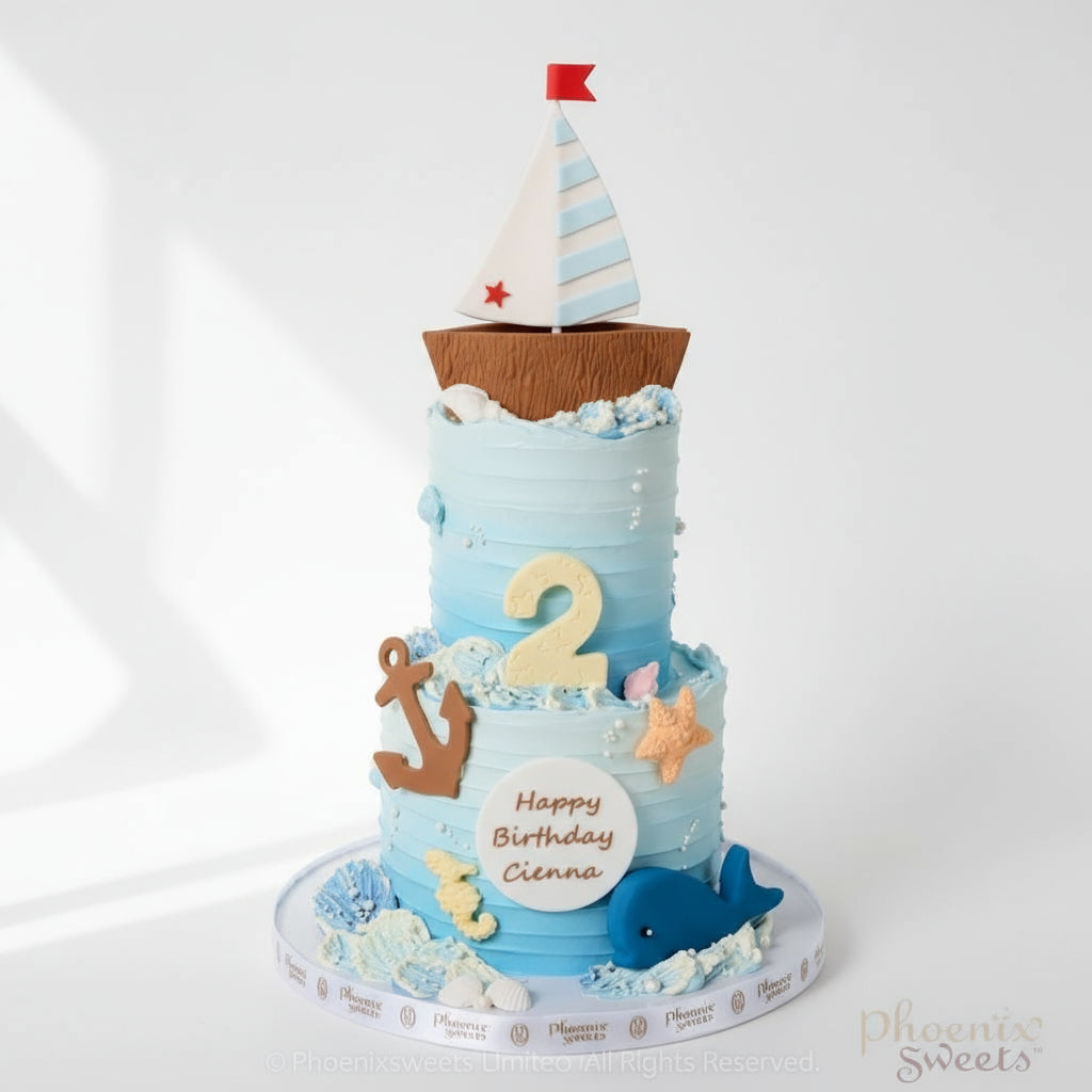 A two-tiered butter cream cake with a nautical theme, featuring sailboats, waves, and themed decorations in blue shades, celebrating a birthday with 'Happy Birthday' text and a age '2' displayed.